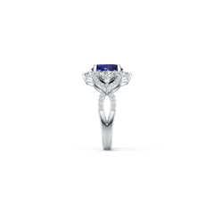 Sterling Silver Blue Sapphire Engagement Ring  Oval OV 10X8mm Cross Shank Halo