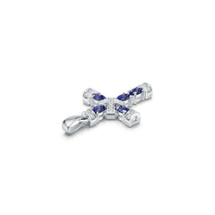 Sterling Silver Royal Blue Sapphire Pendant with Moissanite OV 5X3mm Cross Theme
