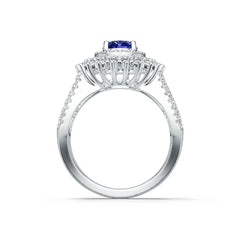 Sterling Silver Royal Blue Sapphire Engagement Ring w/ Moissanite Tripple Halo Ring