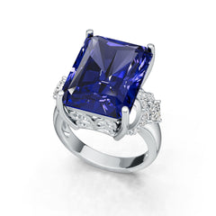 Sterling Silver Royal Blue Sapphire Engagement Ring Emerald OCT 16X12mm
