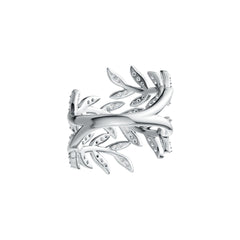 Sterling Silver Ring with White Topaz or Moissanite Leaf-and-Vine Theme Bypass DHJ