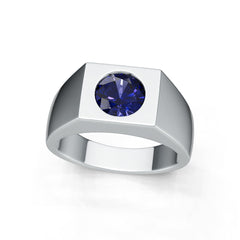 Men's Sterling Silver Royal Blue Sapphire Ring Round RD 6.5x6.5mm Flush Bezel Set
