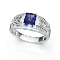 Sterling Silver Royal Blue Sapphire Engagement Ring Emerald OCT 8X6mm