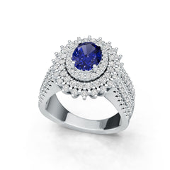 Sterling Silver Royal Blue Sapphire Engagement Ring w/ Moissanite Tripple Halo Ring
