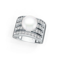 Sterling Silver Pearl with Moissanite Ring Wide Band Round RD 10x10mm