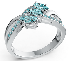 Elegant Three-Stone Marquise Birthstone Ring – Split Shank Design with Pavé Accents, Moissanite, Ruby, Emerald & Sapphire