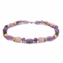 Natural Amethyst Rose Quartz Crystal Pearl Gemstone Station Sterling Silver Bead Necklace For Women
