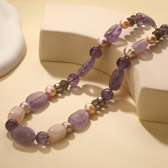 Natural Amethyst Rose Quartz Crystal Pearl Gemstone Station Sterling Silver Bead Necklace For Women