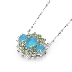 Natual Blue Opal Necklace with Natual Peridot 925 Sterling Sliver 45MM Birthstone Women Jewelry Gifts