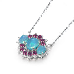 Natual Blue Opal Necklace with Natual Purple Garnet 925 Sterling Sliver 45MM Birthstone Gemstones