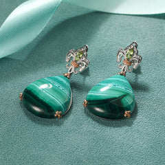 Natual Malachite Earrings with Peridot S925 Sterling Sliver Elegant and Classic earrings Mother's Gifts